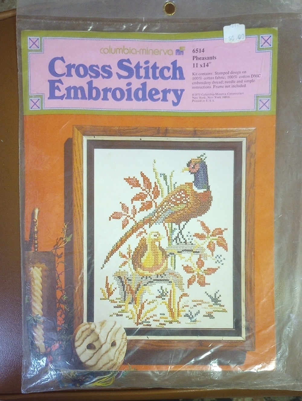 NWT Columbia-Minerva Stamped Cross Stitch Sampler Kit #6514. Pheasants, Vtg 1973